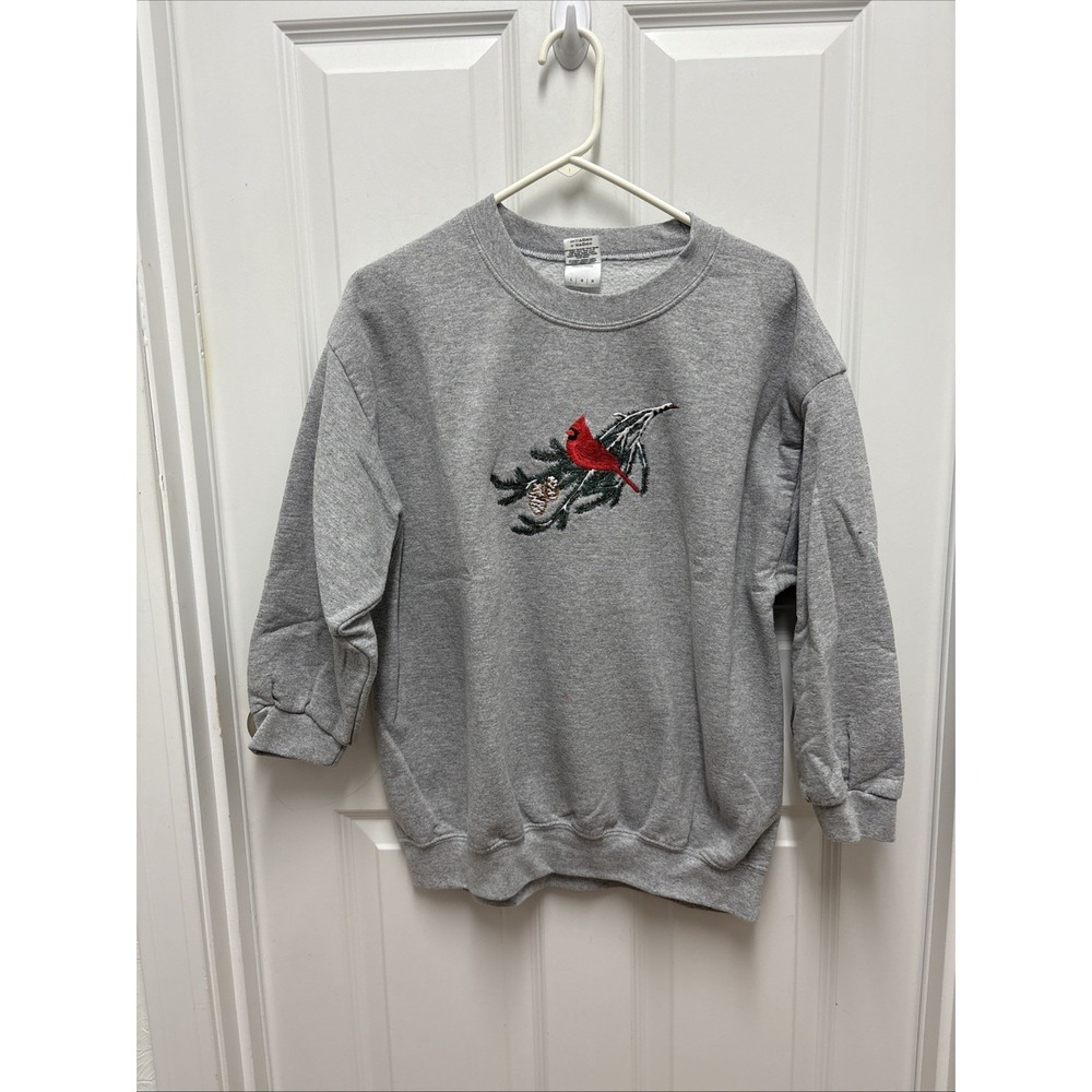 Vintage Gray Grandma core Cardinal Bird on Pine Branch Winter Holiday Crew - L